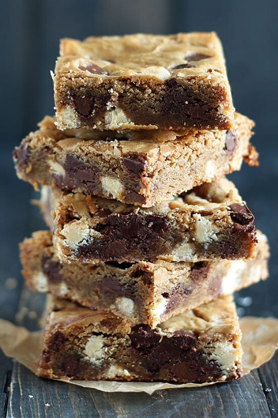 Brown Butter Triple Chocolate Blondies are outrageously chewy with tons of nutty butterscotch flavor and three kinds of chocolate! The best blondies ever!