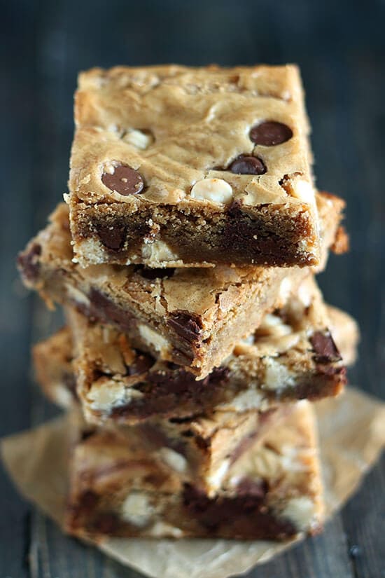 Brown Butter Triple Chocolate Blondies are outrageously chewy with tons of nutty butterscotch flavor and three kinds of chocolate! The best blondie recipe ever!