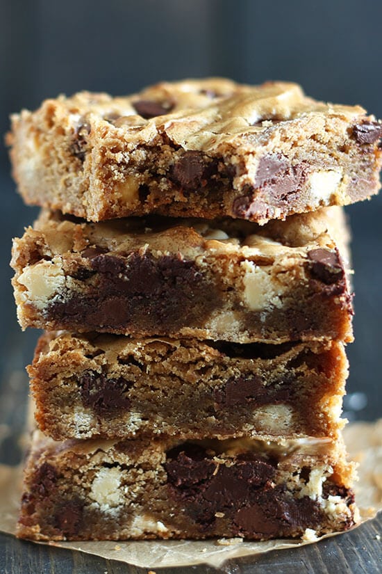 Brown Butter Triple Chocolate Blondies are outrageously chewy with tons of nutty butterscotch flavor and three kinds of chocolate! The best blondies EVER!
