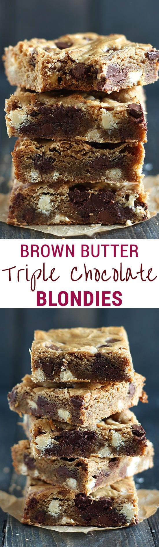 BEST BLONDIES. Outrageously chewy with tons of nutty butterscotch flavor and three kinds of chocolate! Brown Butter Triple Chocolate Blondie recipe.