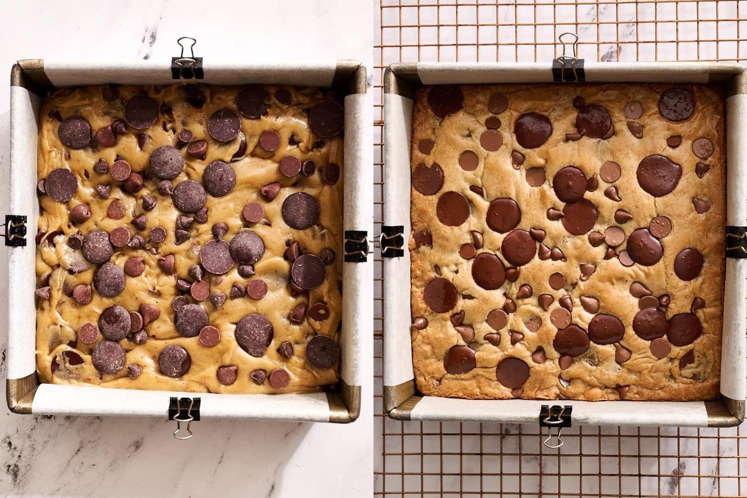 overhead shot of blondies before and after baking