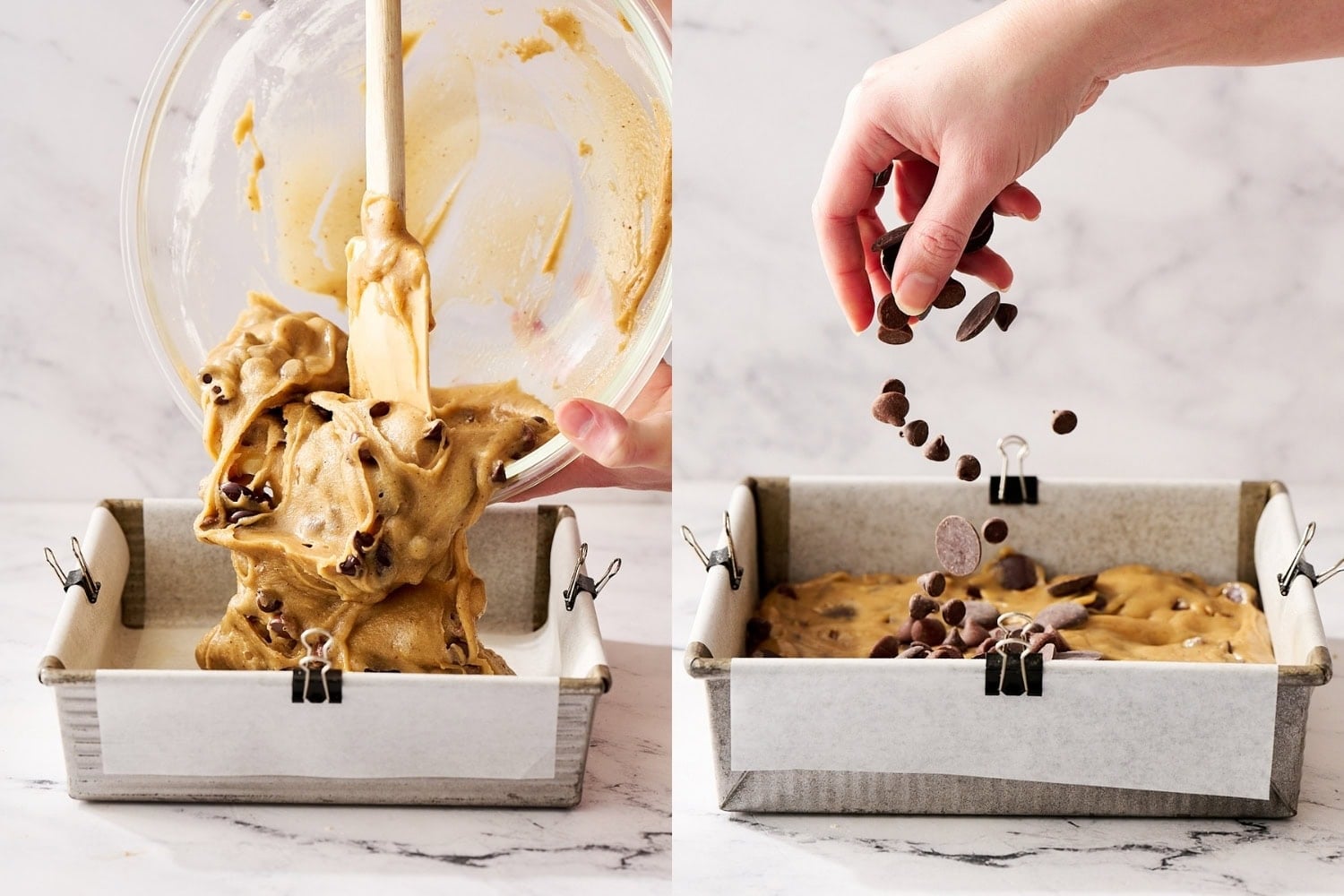pouring blondie batter into prepared metal pan; sprinkling extra chocolate onto batter