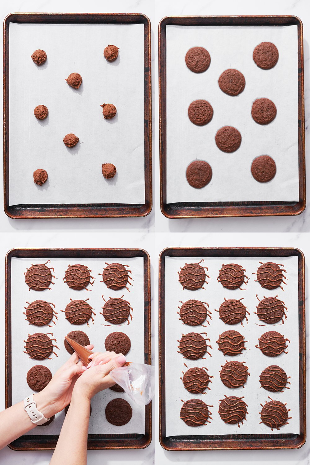 collage of four photos showing unbaked dough, baked dough, piping the decorative lines on top, and finishing the fudge rounds. 
