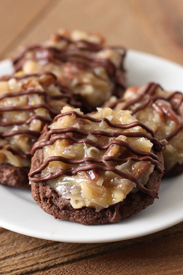 German Chocolate Cookies feature a homemade ultra soft, chewy, gooey double chocolate cookie loaded with a flavorful coconut pecan topping. Amazing!