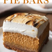 Sweet Potato Pie Bars with a thick graham cracker crust, from-scratch fresh sweet potato filling, and an easy toasted homemade marshmallow topping. The best fall or Thanksgiving treat for a crowd! #sweetpotatopie #piebar #thanksgivingpie
