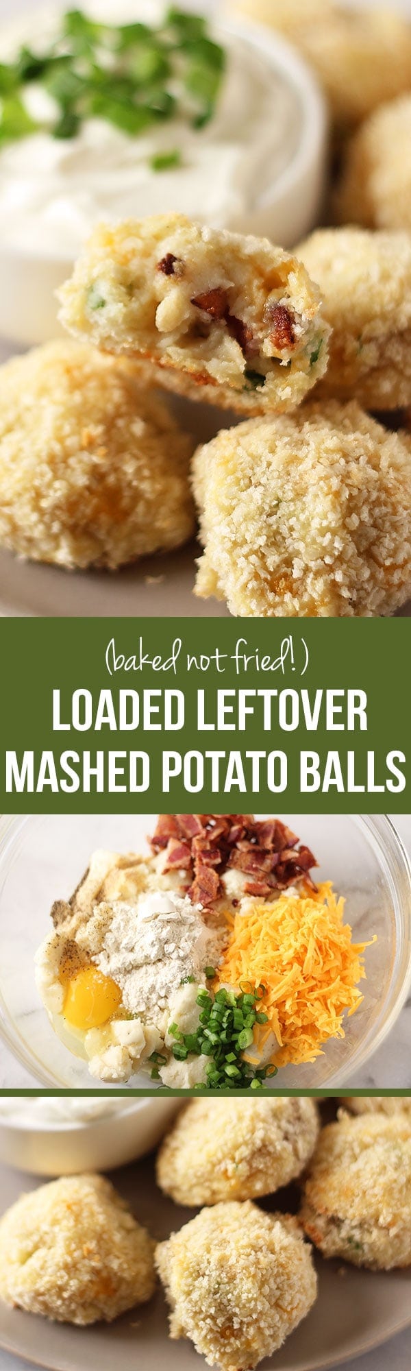 THANKSGIVING LEFTOVER RECIPE! Loaded Leftover Mashed Potato Balls take advantage of extra Thanksgiving mashed potatoes by turning them into something even better. Baked, not fried! With cheddar, bacon, onion, and sour cream!