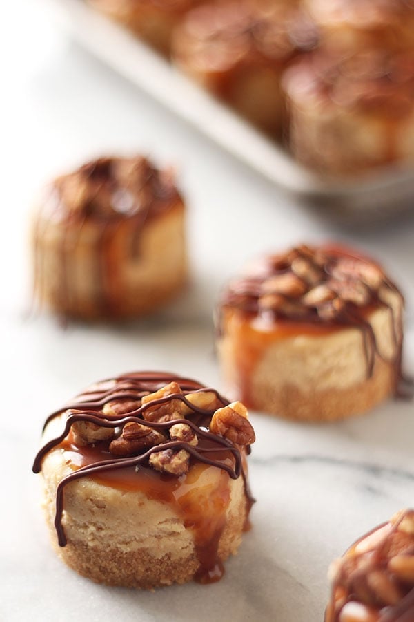 Mini Turtle Cheesecakes feature a thick graham cracker crust, vanilla cheesecake filling, and are topped with caramel, toasted pecans, and chocolate!