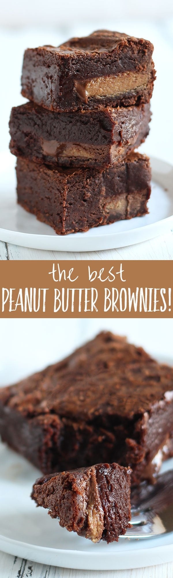 These are the BEST peanut butter brownies ever! They have peanut butter throughout AND are stuffed with peanut butter cups! Thick, fudgy, chewy, and slightly gooey.