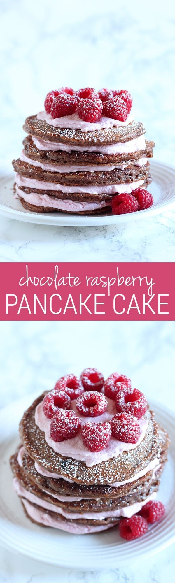 SO PRETTY! Chocolate Raspberry Pancake Cake features homemade double chocolate pancakes between layers of fresh raspberry whipped cream for a beautifully impressive breakfast treat.