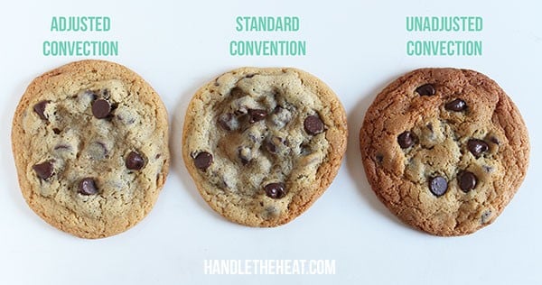 Side-by-side cookies, all the same batch of dough, but baked at adjusted convection, standard convention, and unadjusted convection oven settings