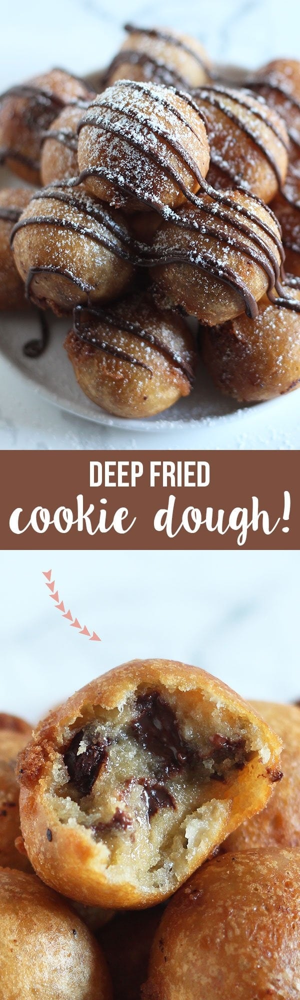 OMG possibly the BESt thing I've ever eaten! Deep Fried Cookie Dough made with homemade chocolate chip cookie dough, dipped in batter, and fried to golden crispy perfection!