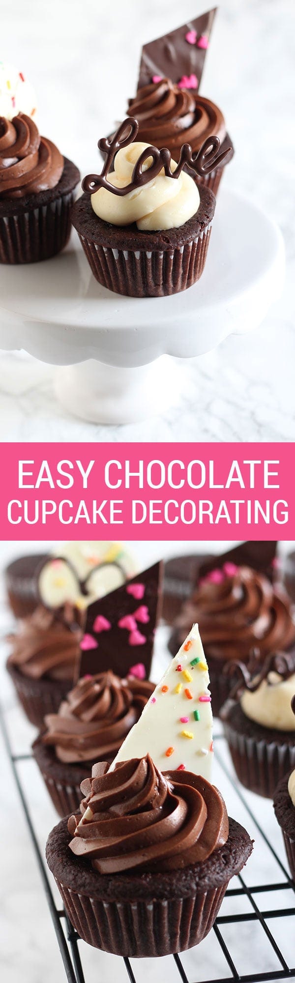 Easy Chocolate Cupcake Decorating with a full step-by-step video tutorial showing you how to make beautiful, elegant, and gourmet chocolate cupcake toppers with NO special equipment or skill required. Free tracing template too!