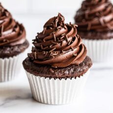 homemade chocolate cupcakes with chocolate frosting swirled on top