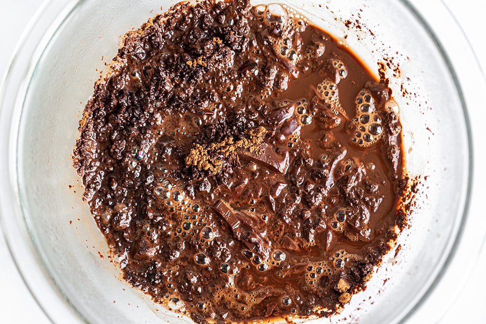 melted chocolate, cocoa powder and espresso powder, ready to be mixed into our cupcake batter