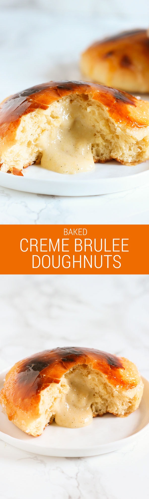 Baked Creme Brulee Doughnuts feature a baked yeast risen doughnut base filled with vanilla bean pastry cream and finished off with a shatteringly crunchy bruleed sugar coating. To die for!