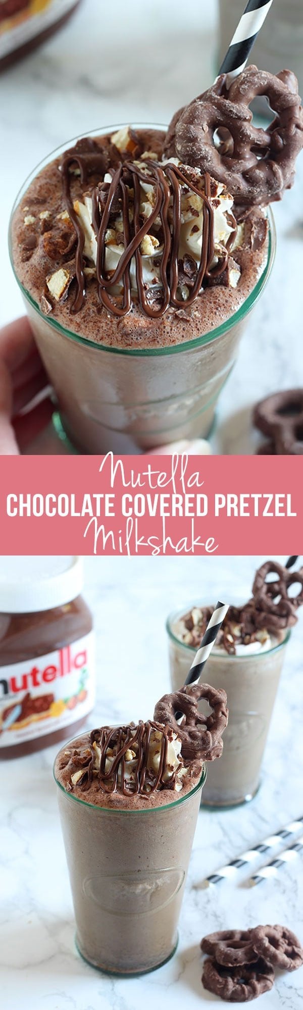 Holy WOW! Nutella Chocolate Covered Pretzel Milkshake features a chocolate Nutella milkshake with bits of chocolate covered pretzels, topped with whipped cream, more Nutella, and more pretzels! Complete decadence in a drink.
