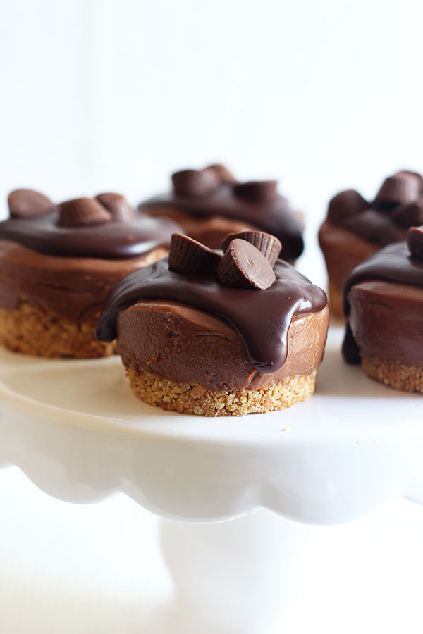 No Bake Mini Peanut Butter Cheesecakes have a crunchy graham cracker crust, ultra rich and creamy chocolate peanut butter cheesecake filling, and are topped with chocolate ganache and mini peanut butter cups. Perfect for when you don't want to turn that oven on!