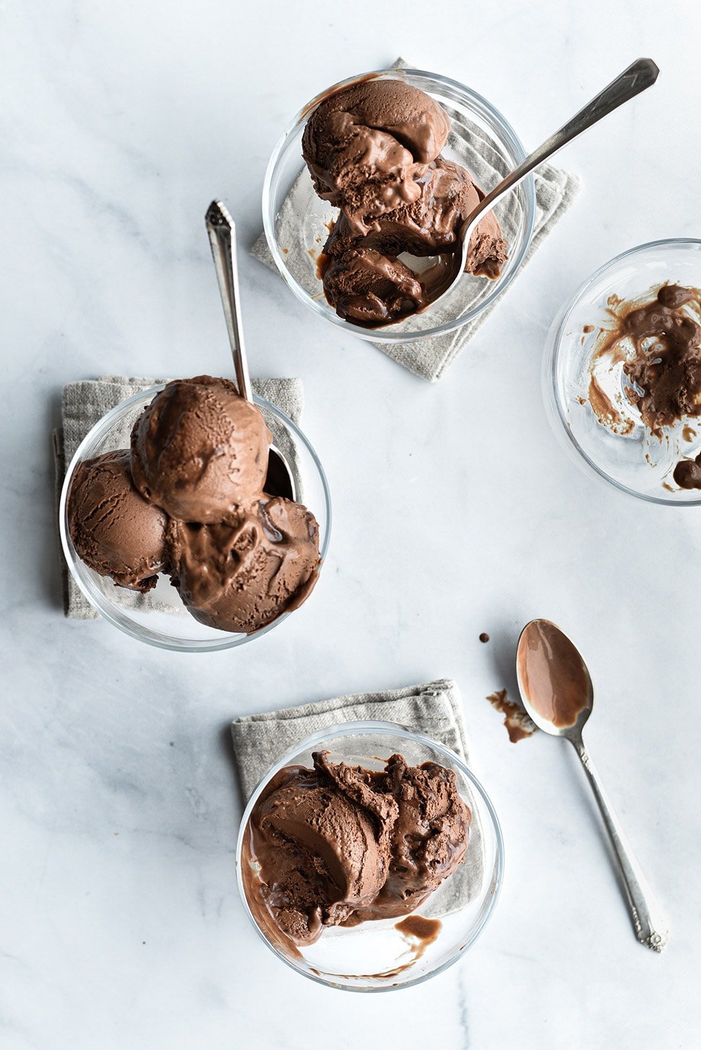 scoops of chocolate ice cream in 3 bowls