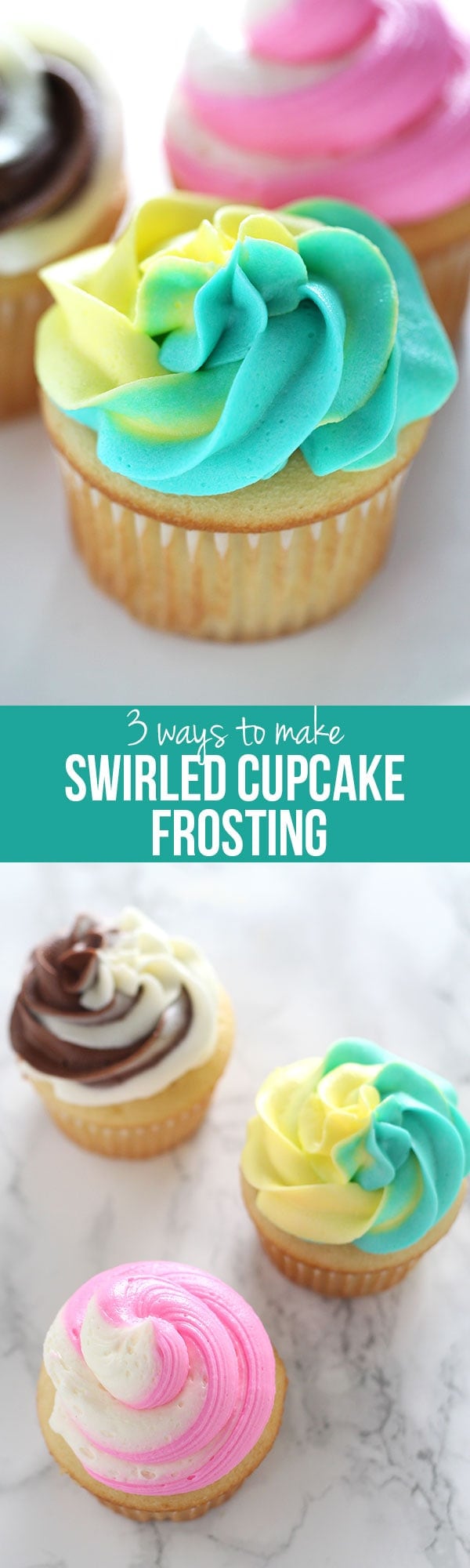 Learn my 3 ways to make two-toned (or even three!) swirled cupcake frosting. The second method doesn't even require a piping bag OR decorative piping tip. Click for my full step-by-step video, product recommendations, and more!
