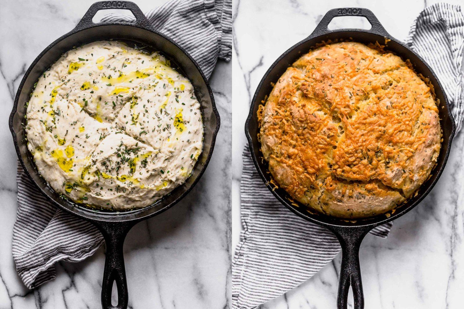 side-by-side images of the No Knead Rosemary Parmesan Skillet Bread before and after baking.