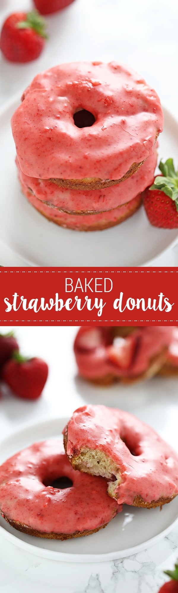 Lightened up with Greek yogurt, these fresh Strawberry Baked Donuts feature an ultra thick pink strawberry glaze and come together in just 35 minutes! No artificial flavors.