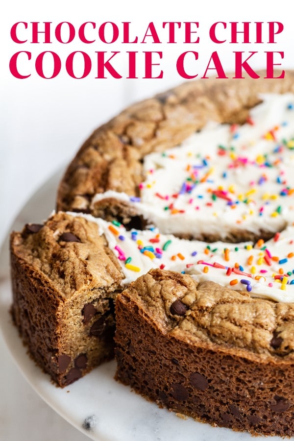 our chocolate chip cookie cake with white buttercream icing and sprinkles.