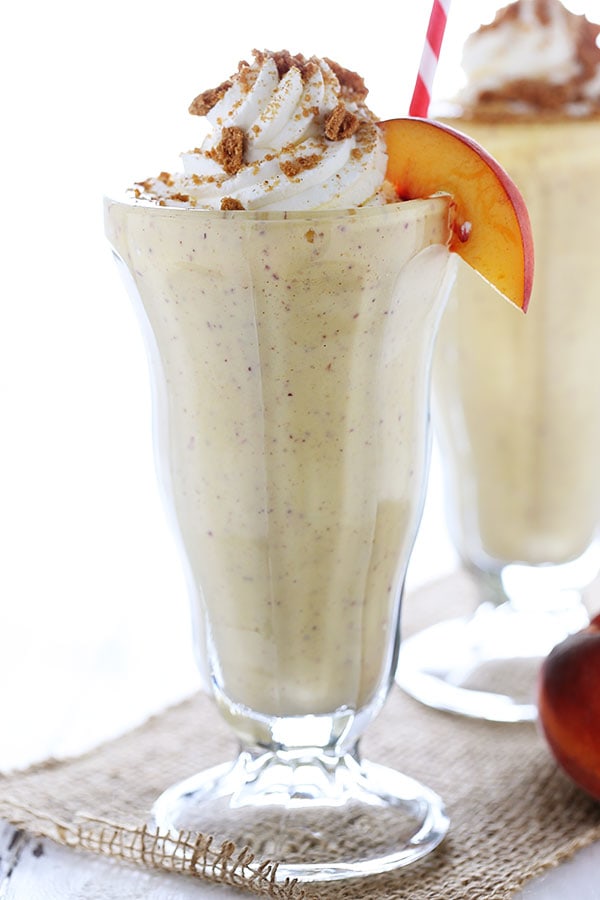Peach Pie Milkshakes are perfectly frosty, fresh, and flavorful making them the perfect summer dessert recipe.