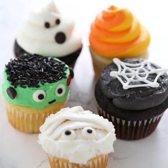 How to Make Halloween Cupcakes with 5 easy and fun decorating ideas! Save this pin for the step-by-step video, product list, tips, tricks, and more!