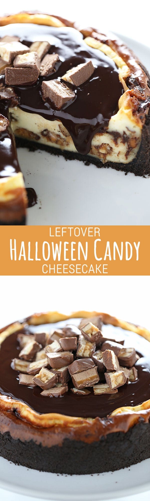 YES! This is PERFECT! Leftover Halloween Candy Cheesecake using up ALL those Snickers, Twix, Reese's, Milkyway taking up space in your pantry in one over-the-top cheesecake recipe!