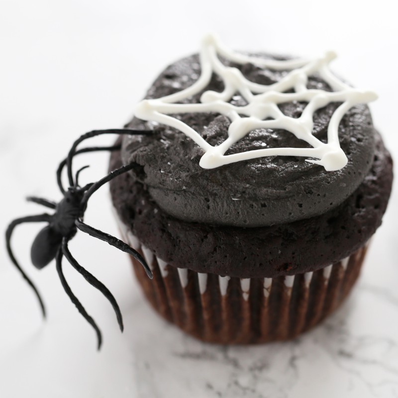 cupcake frosted to look like a spiderweb it on top