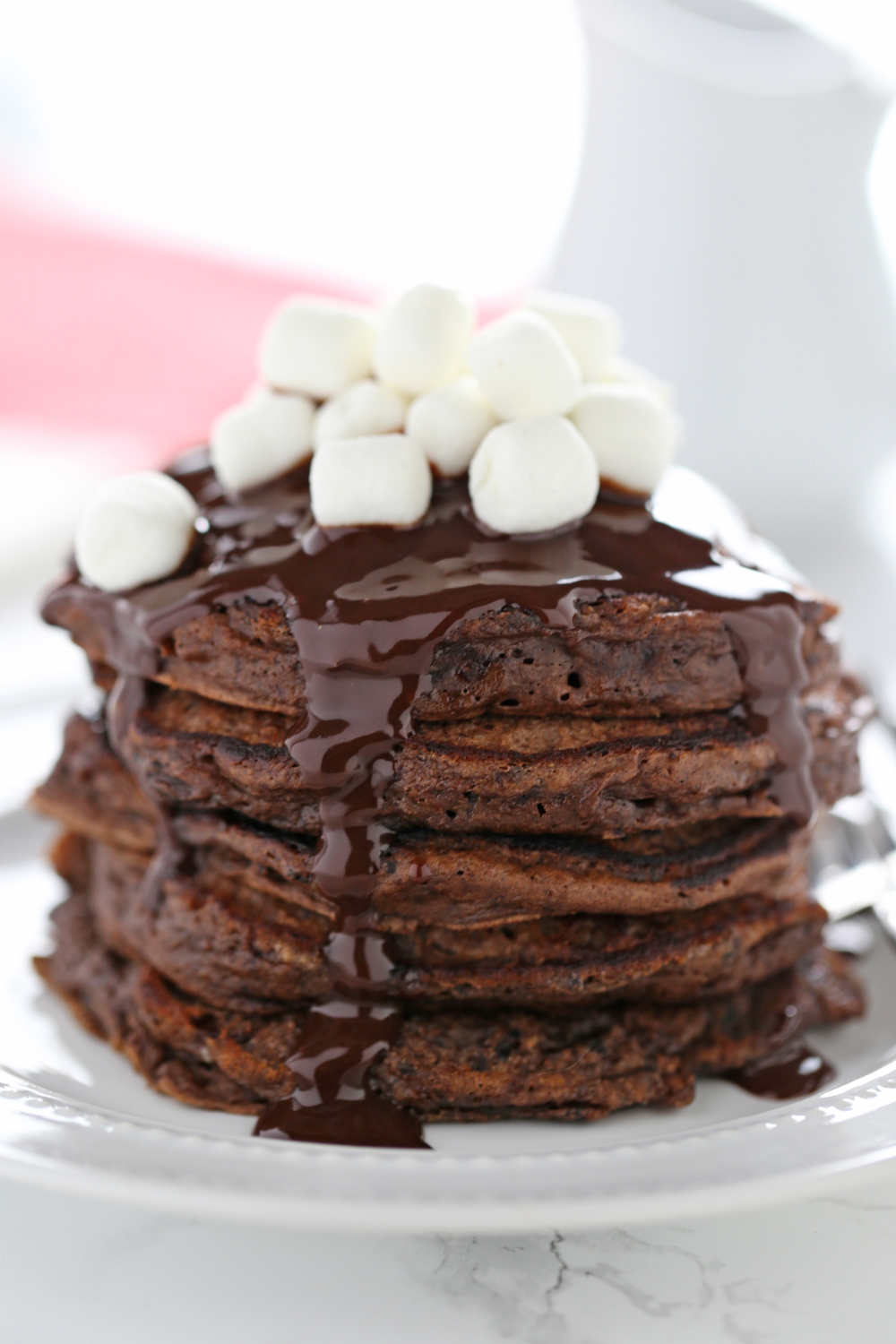 a stack of hot chocolate pancakes, ready to serve.
