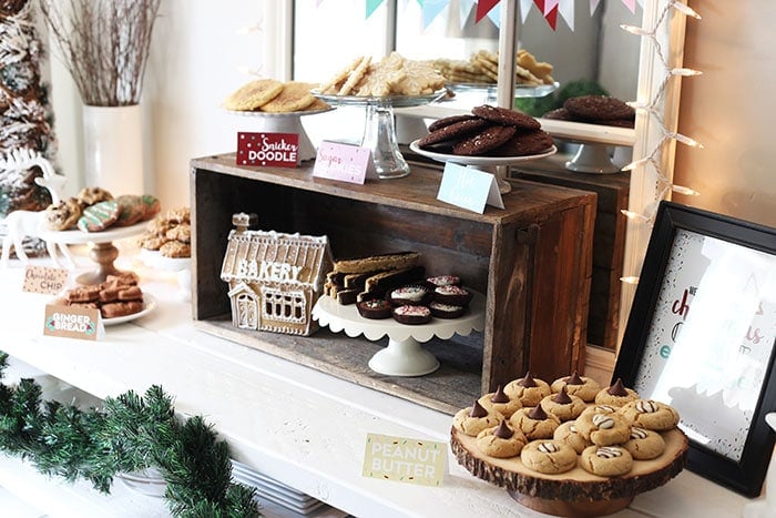 the full cookie exchange table, complete with Christmas decorations. 