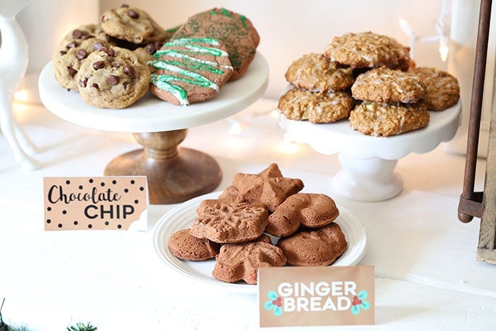 three plates of cookies: chocolate chip, mint chip, and gingerbread. 