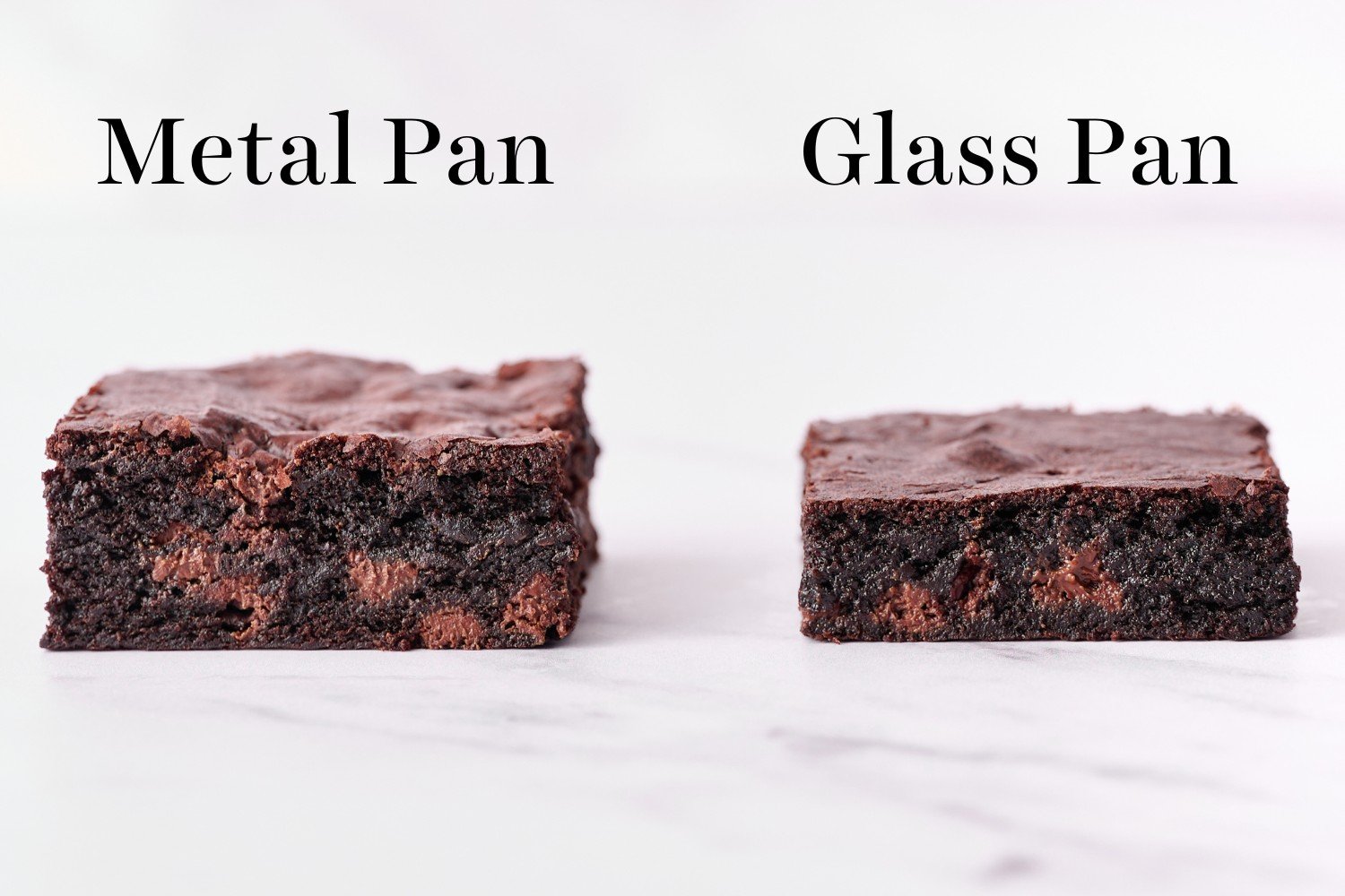 two slices of brownies side-by-side: one was baked in a metal pan and is tall and chewy, and the other was baked in a glass pan, and is short and gummy.