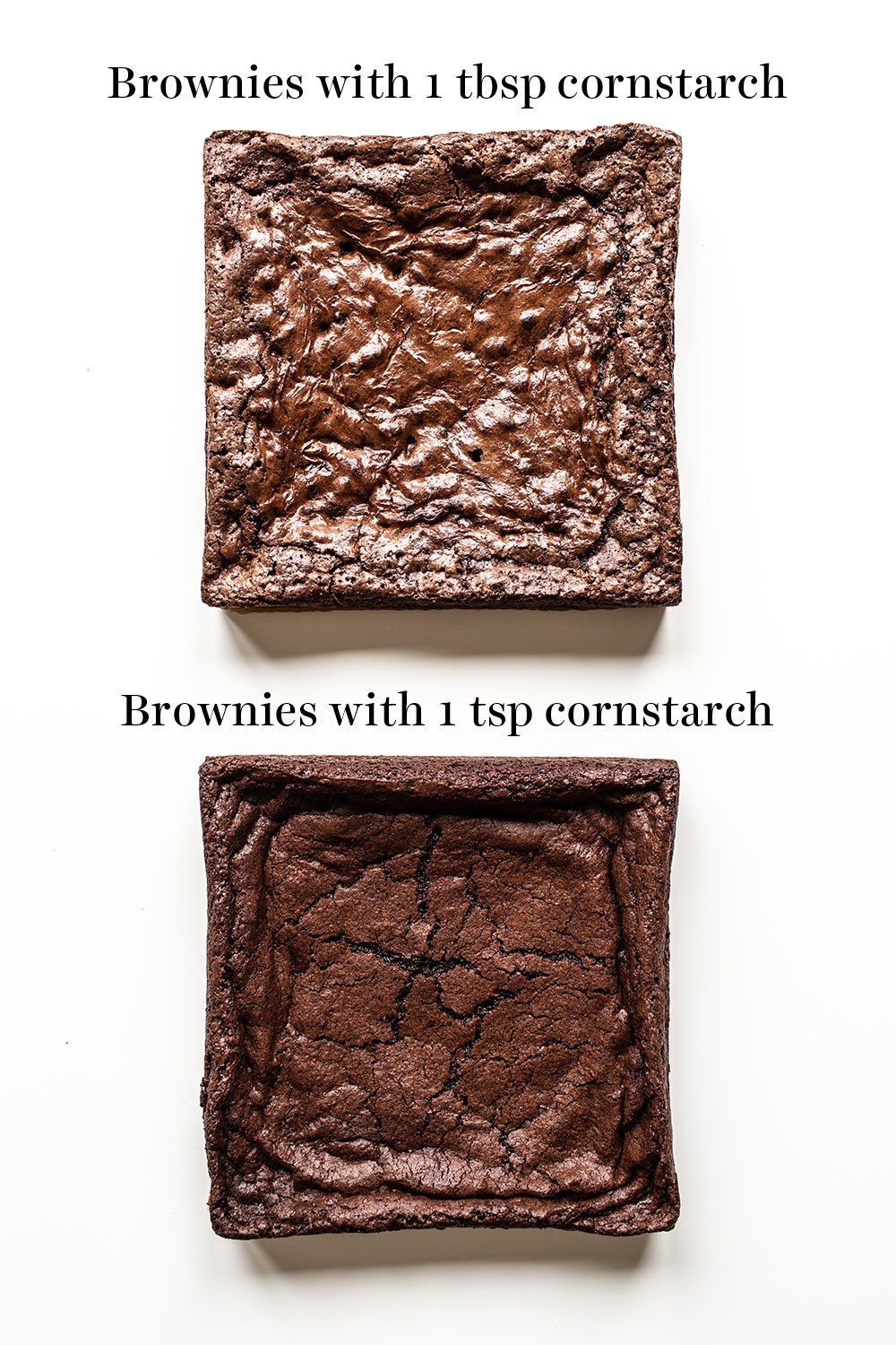 two full slabs of baked brownies, one made without cornstarch and the other made with, to compare how much shinier the crust is on the pan made with cornstarch.
