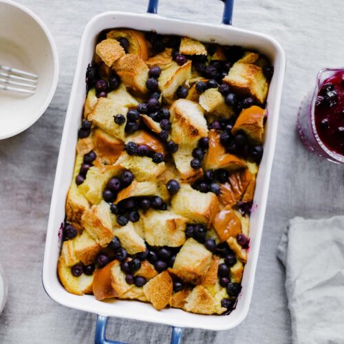 Lemon Blueberry French Toast Casserole can be made overnight and tastes like a combination of bread pudding and gourmet French toast. It's perfect for Mother's Day!