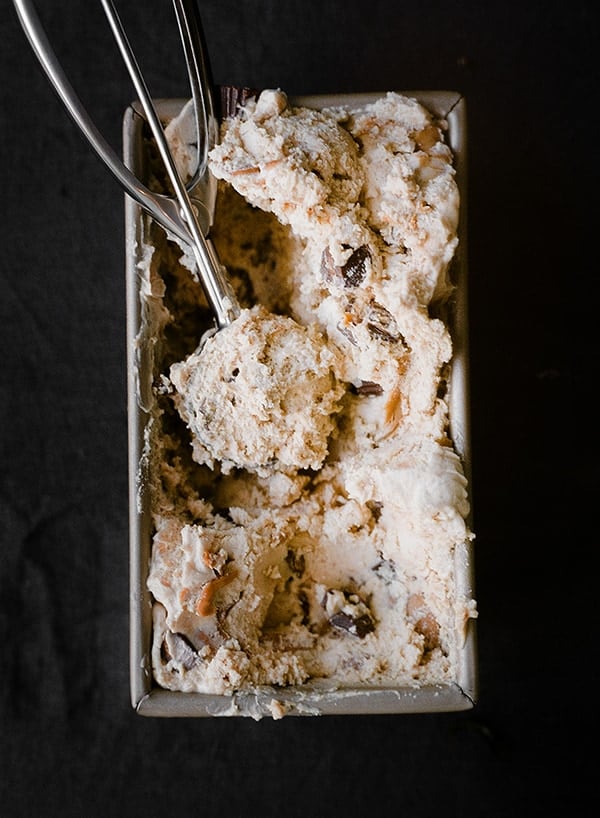 batch of freshly-made No Churn Peanut Butter Ice Cream in a metal baking pan. 