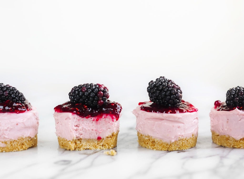 Adorable No Bake Mini Blackberry Cheesecakes are ultra fresh, vibrant, and simple to make with no oven or stove required! Perfect for spring or summer.