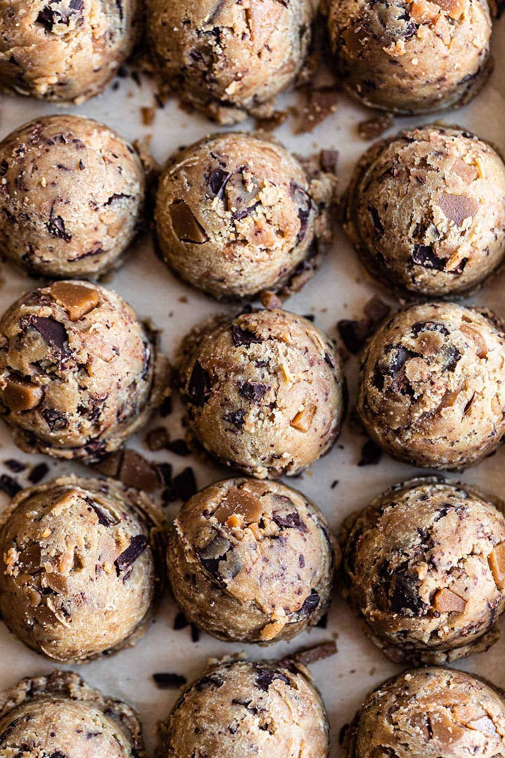 balls of browned butter toffee chocolate chip cookie dough