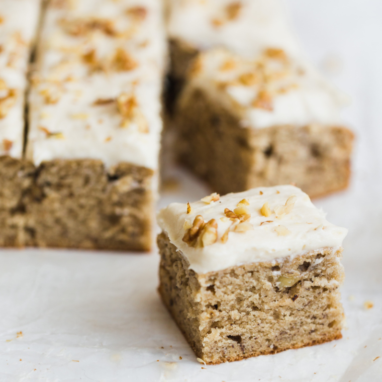 slices of easy banana walnut cake, ready to serve