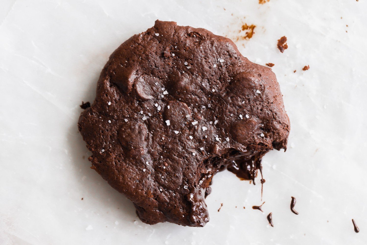 a double chocolate chip cookie on a white background, with a bite taken out, and the gooey chocolate inside melting out slightly. 