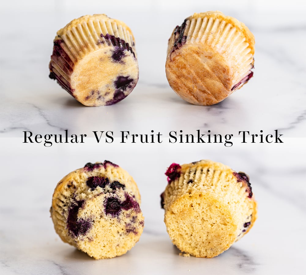 comparison of muffins baked with and without the fruit sinking trick