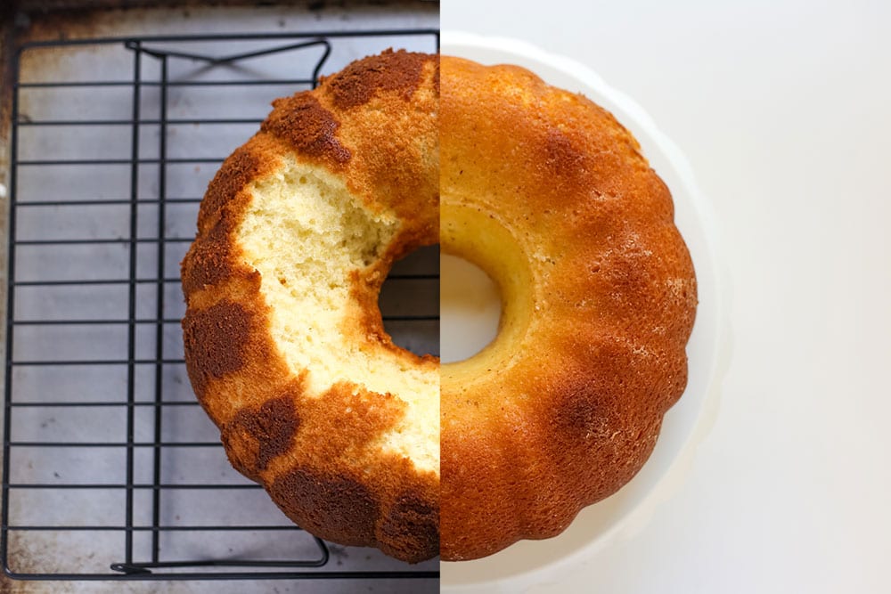 naast elkaar vergelijking van bundtcake die aan de pan vastzat versus bundtcake die perfect vrijkwam