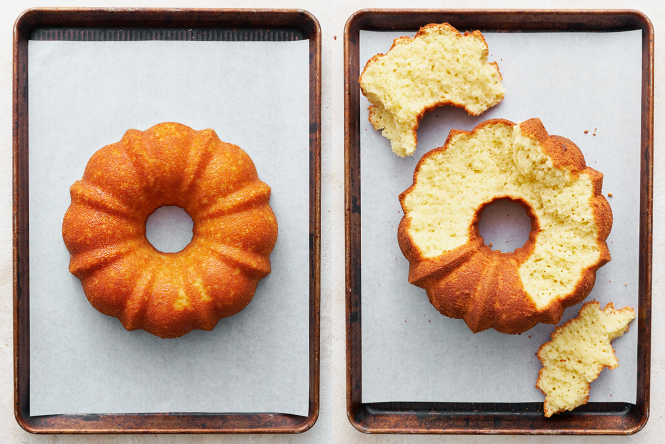 one perfect bundt cake on a baking pan, next to a bundt cake that stuck to its pan and got ripped apart upon removal on another baking pan next to it