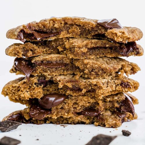 Healthy Chocolate Chip Cookies are dairy free and made with whole wheat flour and coconut sugar but taste just as good! Easy 20 minute recipe.