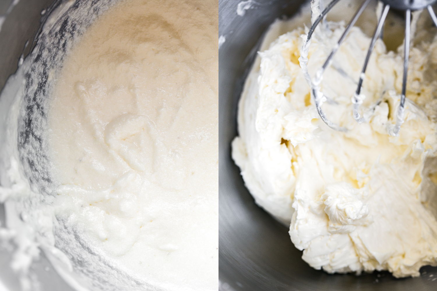 two side-by-side images, one showing the buttercream looking slightly curdled, and the other of perfectly creamy, smooth buttercream after continuing to mix for a bit longer.