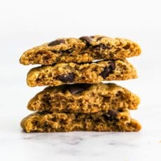 Brown Butter Pumpkin Chocolate Chip Cookies are CHEWY (not cakey) pumpkin spice cookies loaded with tons of caramelized butterscotch flavor and gooey chocolate chips. A fall favorite!