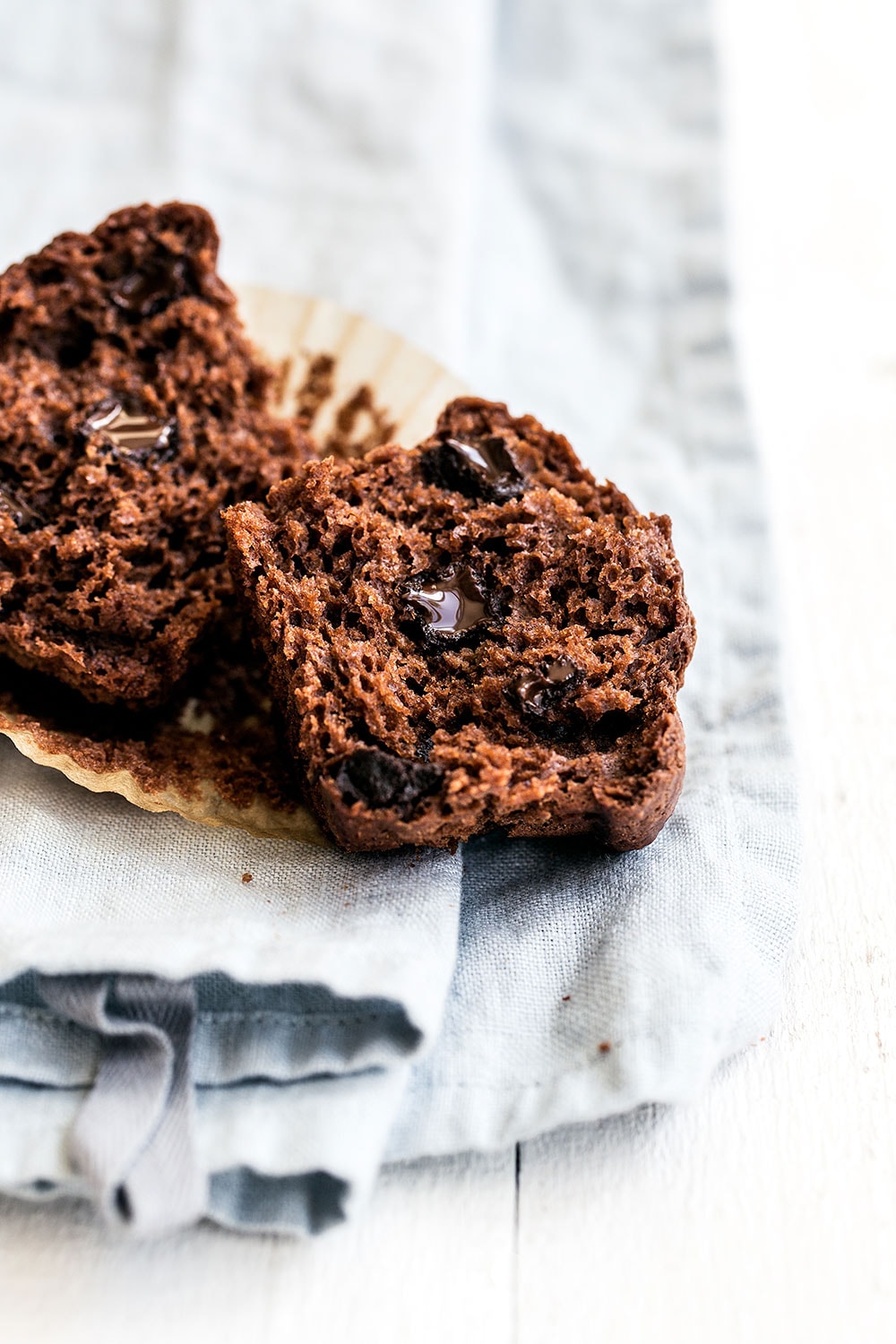 Moist and tender Double Chocolate Muffins feature a brown sugar cocoa muffin studded with gooey chocolate chunks for the ultimate easy treat!