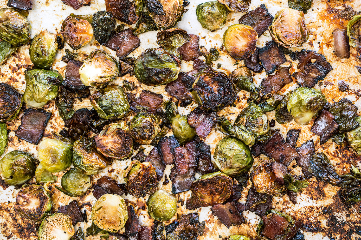 the roasting tray of Maple Bacon Brussels Sprouts all baked and ready to serve.