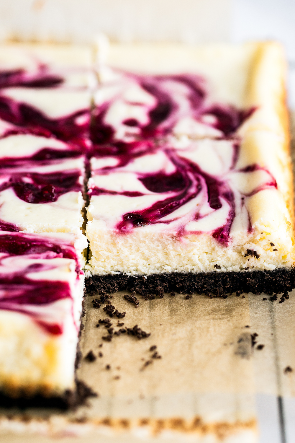 close up showing the texture of the Cranberry Swirl Cheesecake Bars 